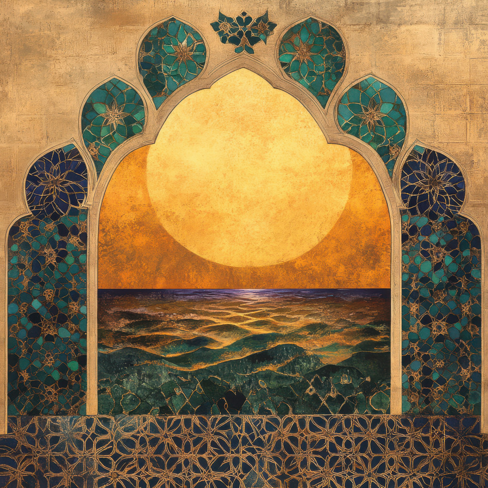 Sunset over an oasis shoreline, golden hues reflecting on tranquil waters, silhouettes of palm trees complement the arabesque landscape natural beauty