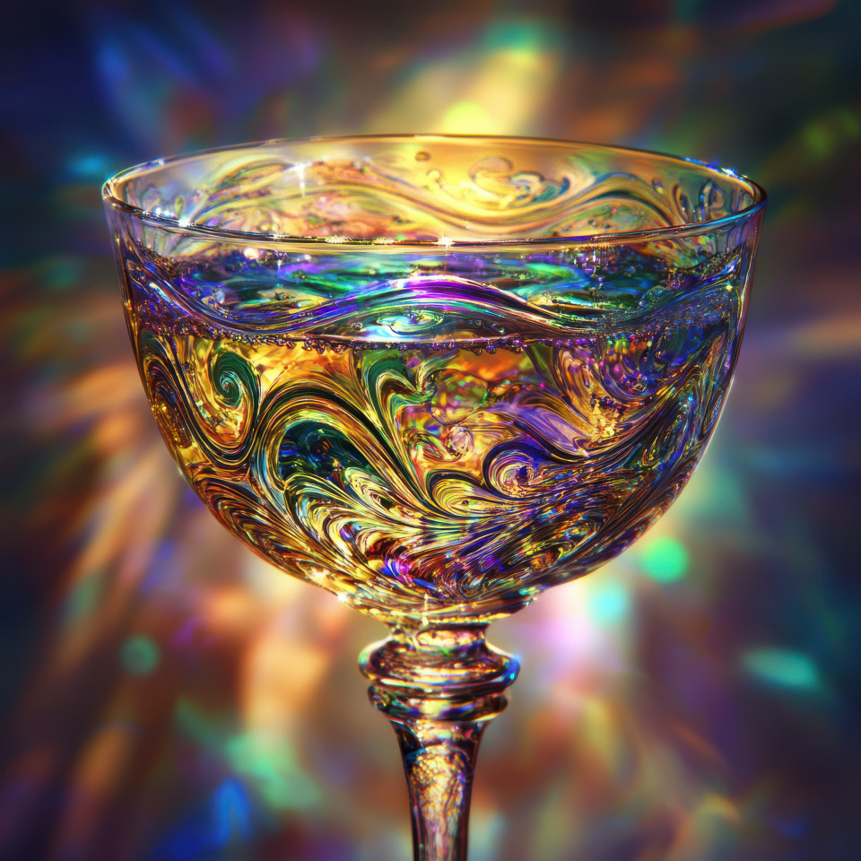 Carnival glass goblet filled with sparkling wine, iridescent hues shining in warm light, elegant carnival glass vase, acorn carnival glass barware for vintage collectors