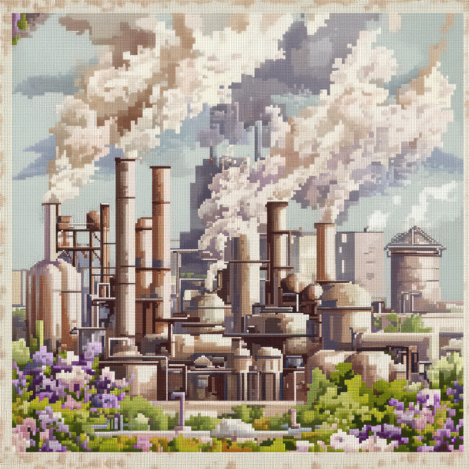 A cross stitched factory with steam rising from pipes, industrial embroidery design, detailed cross stitch patterns, urban-themed counted cross stitch patterns, creative stitching art