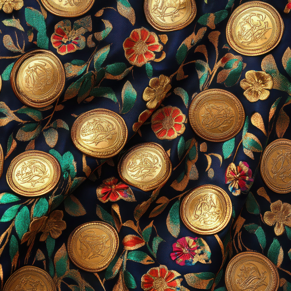 Gold coins resting on patterned silk with arabesque designs, rich textures and arabesque floral motifs symbolize wealth, tradition, and history