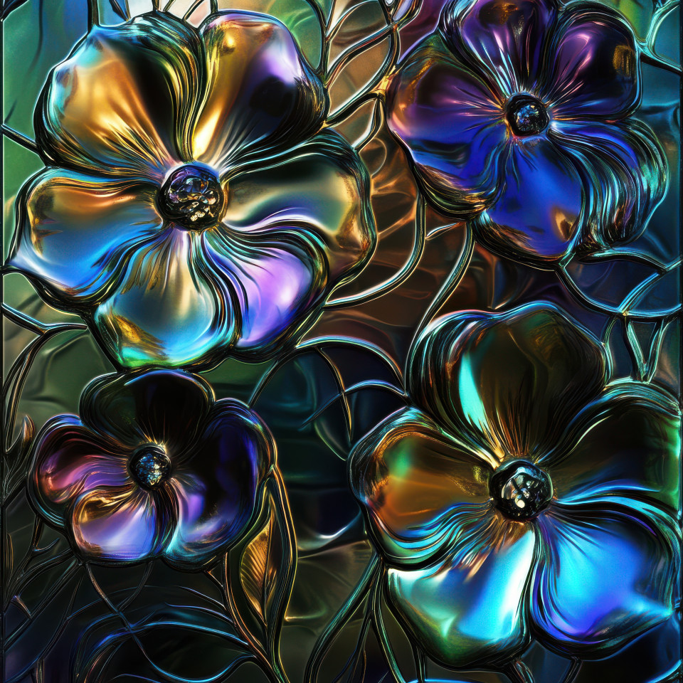 Carnival glass flowers catching the morning sun, petals glowing with colorful iridescence, decorative collectible carnival glass vase, acorn carnival glass floral design