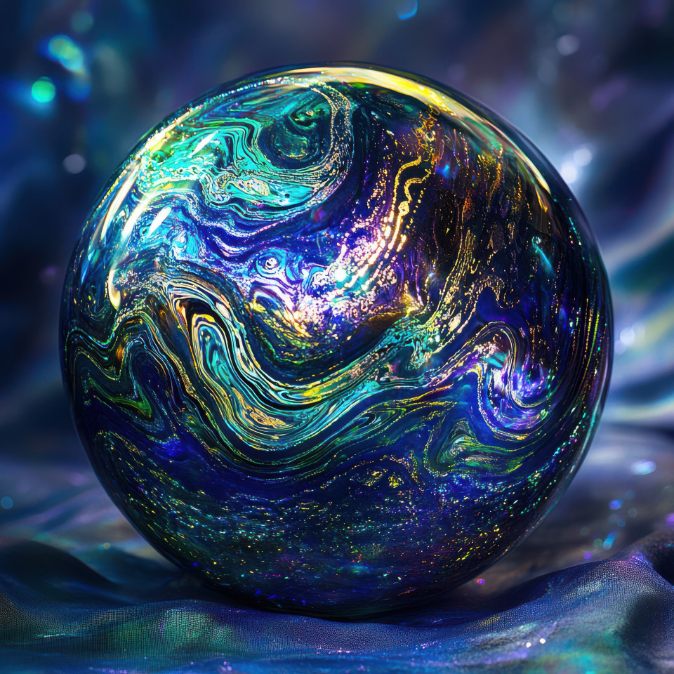 Carnival glass globe reflecting distant lands, swirling iridescent colors creating a dreamlike effect, stunning carnival glass vase, acorn carnival glass world-inspired decor