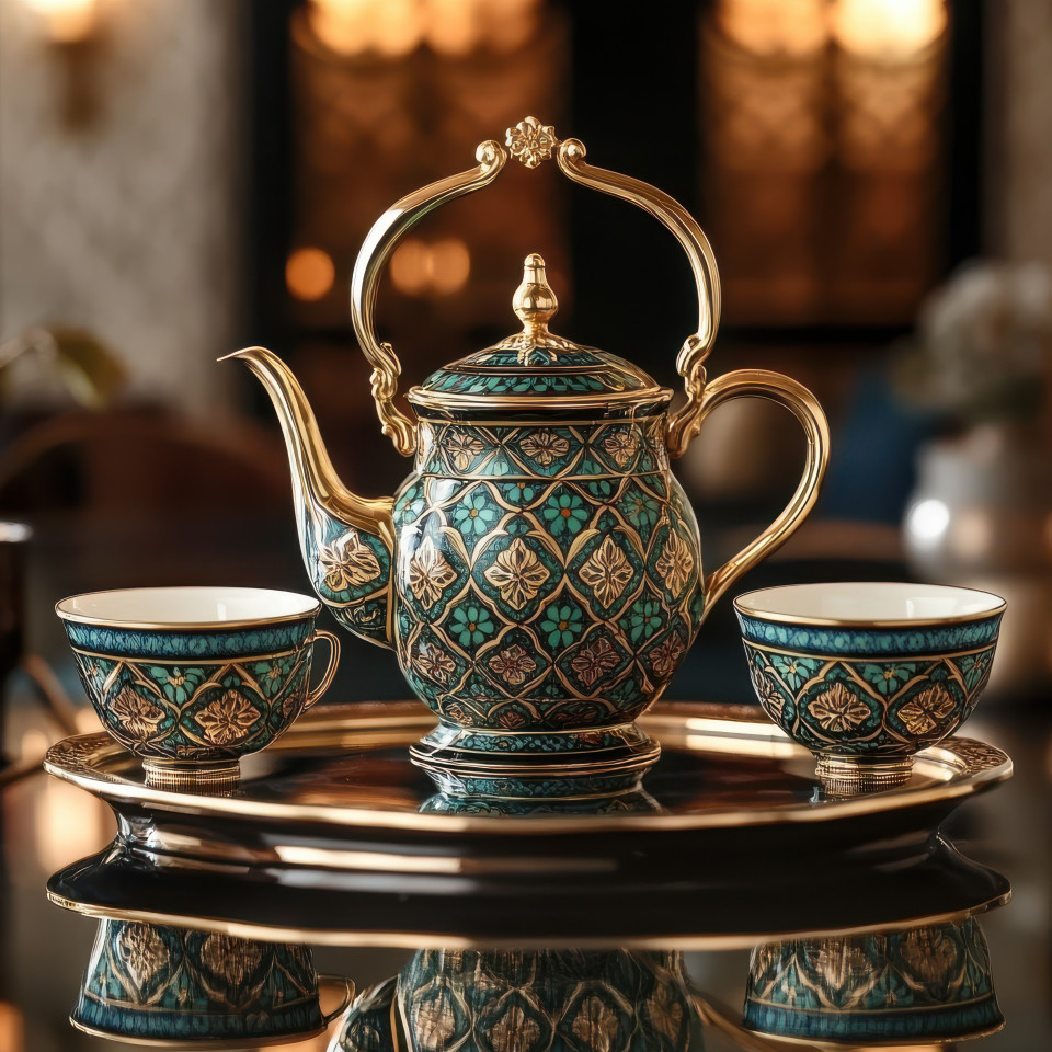 Elegant tea set adorned with arabic patterns and arabesque floral designs, placed on a lavish table, evoking hospitality and cultural richness