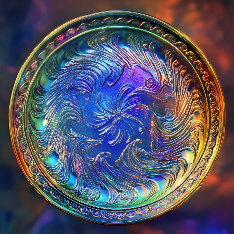 Carnival glass coin shimmering in soft light, intricate details glowing in rich iridescent tones, beautiful collectible carnival glass vase, acorn carnival glass antique charm