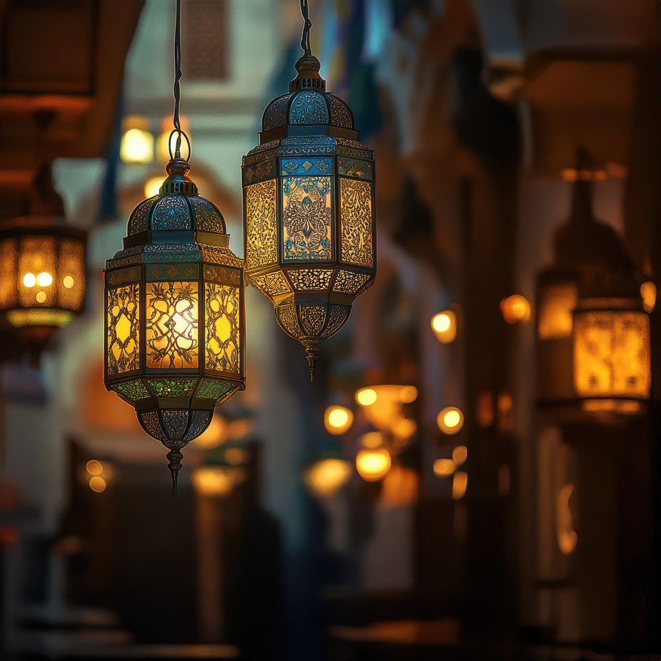Lanterns glowing warmly in a vibrant souk, casting intricate arabesque patterns on surrounding walls, traditional arabesque architecture enhances the atmosphere
