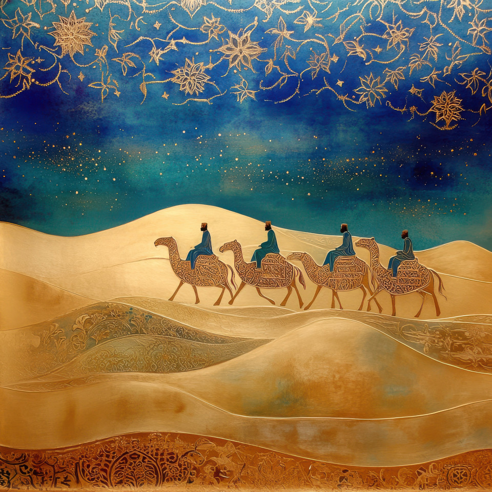 Caravan of camels crossing vast sand dunes under the golden sun, a timeless journey through the desert landscape with arabesque beauty