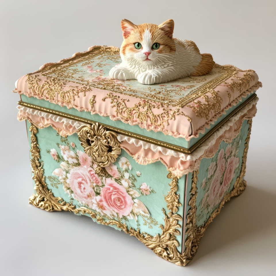 Cartonnage cat box with delicate fabric details, a handcrafted cartonnage craft featuring soft textures and fine stitching, perfect for decorative storage or keepsakes