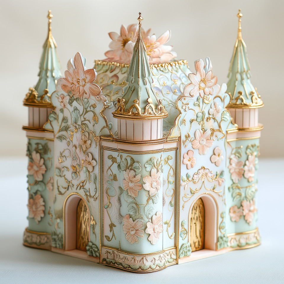 Mini cartonnage castle with gold trimmed edges, a handcrafted cartonnage box with elegant details, perfect for collectors or fairy tale inspired decor