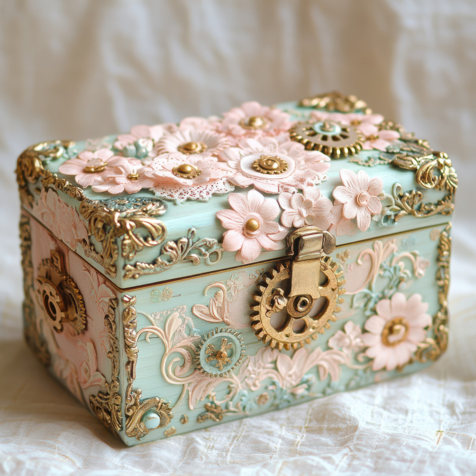 Cartonnage toolbox storing tiny crafted gears, a miniature cartonnage box designed for precision storage, showcasing the art of cartonnage craft in mechanical design
