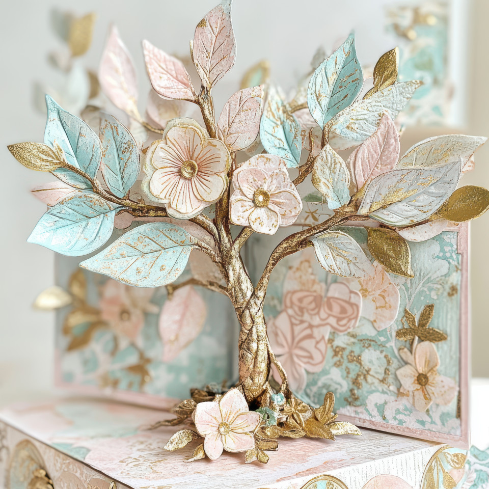 Cartonnage tree with layered paper leaves, a handmade cartonnage craft shaped like a tree, featuring intricate paper details and artistic craftsmanship