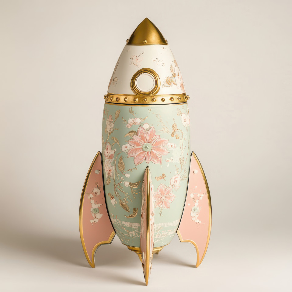 Cartonnage rocket model with sleek details, a futuristic cartonnage craft designed with precision, featuring a space inspired theme for collectors and enthusiasts