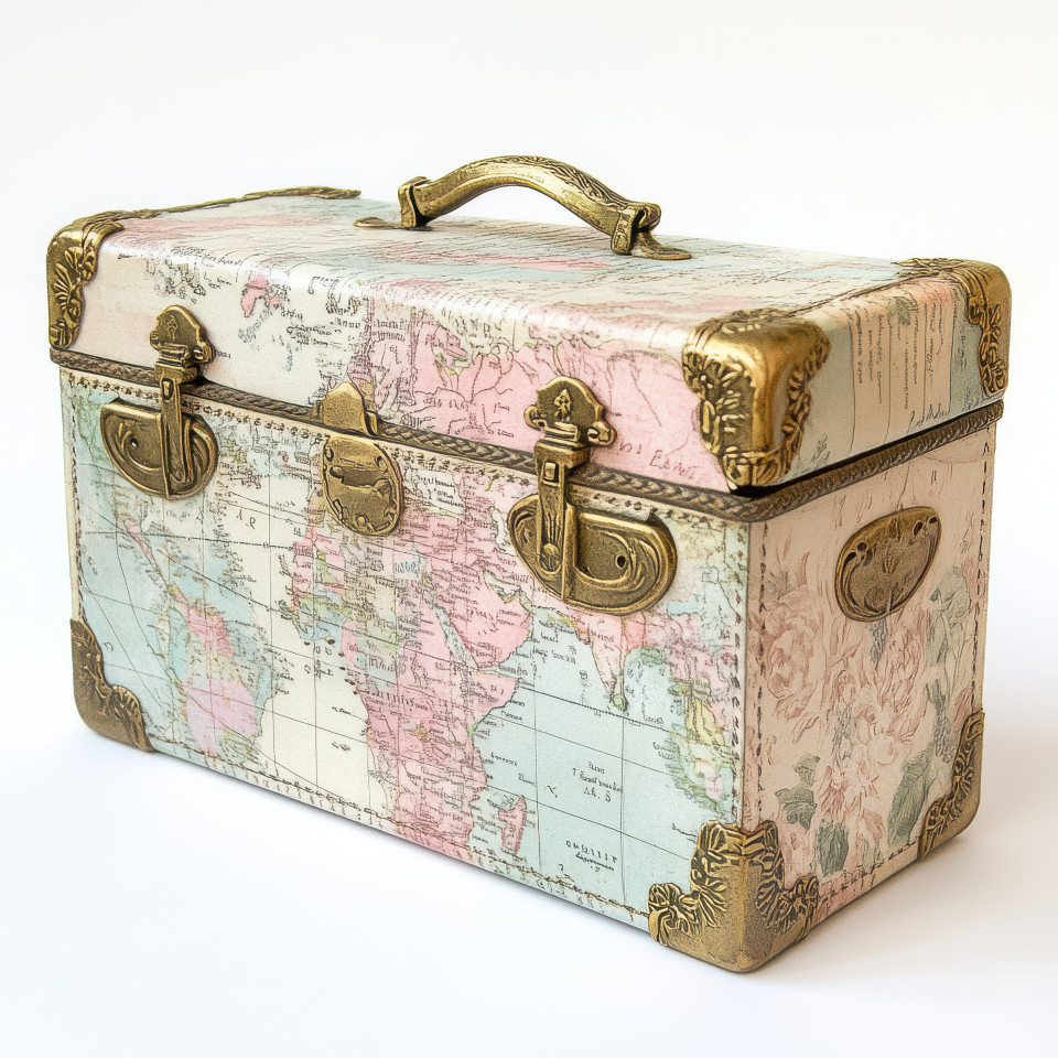 Cartonnage suitcase with vintage map prints, a decorative cartonnage box crafted with old world charm, ideal for travel lovers and nostalgic decor