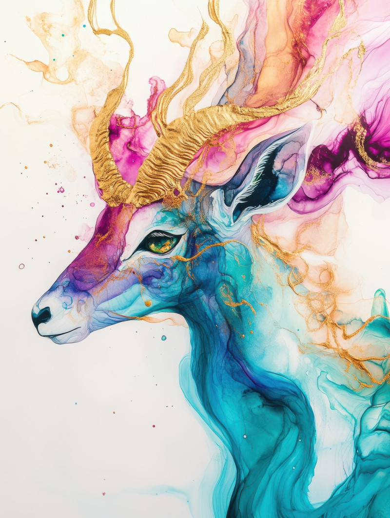 Graceful gazelle running through golden swirls, its form blending with flowing patterns, elegant movement captured in alcohol ink, alcohol ink painting, alcohol ink markers