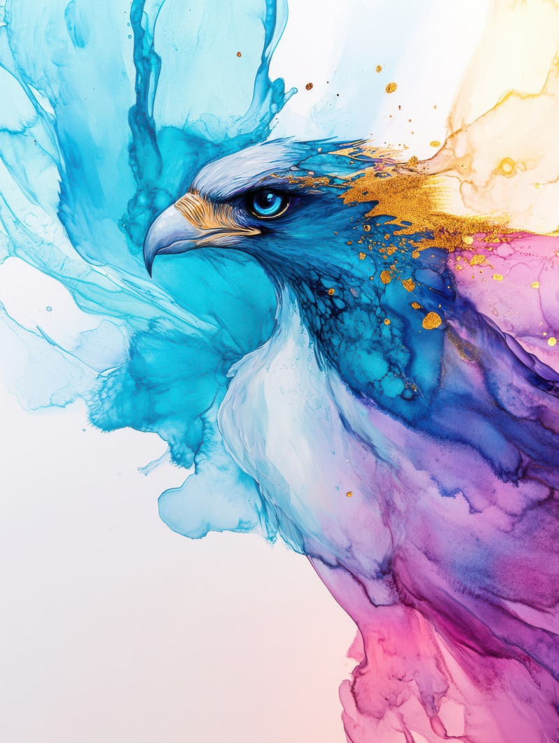 Ethereal falcon soaring in blue ink bursts, wings dissolving into abstract motion, a striking fusion of nature and fluid art using alcohol ink, alcohol ink painting, alcohol ink markers
