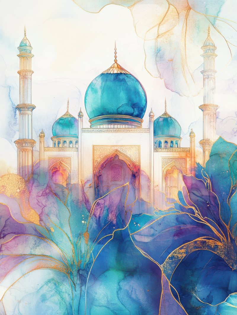 Abstract palace shimmering in gold and sapphire hues, intricate details fading into fluid shapes, a majestic dreamscape in alcohol ink, alcohol ink painting, alcohol ink markers
