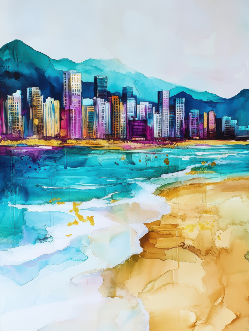 Turquoise waves merging into golden dunes, a surreal meeting of sea and desert, flowing colors create a striking contrast in alcohol ink, alcohol ink painting, alcohol ink markers