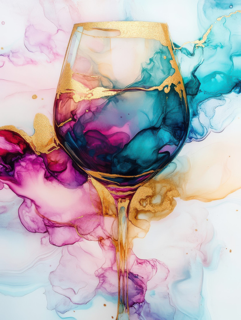 Wine glass dissolving into deep ruby tones, its form fading into rich splashes, a bold and elegant abstract in alcohol ink, alcohol ink painting, alcohol ink markers