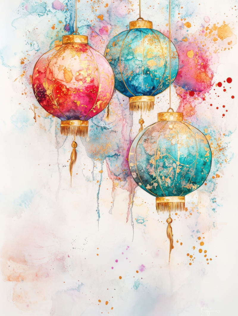 Dancing lanterns glowing in fiery ink splashes, their light flickering through vibrant strokes, a warm and festive composition in alcohol ink, alcohol ink painting, alcohol ink markers