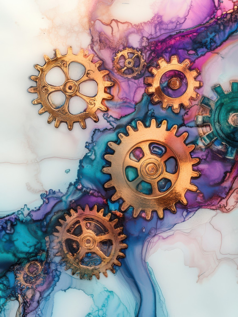 Metallic gears melting into flowing bronze streams, mechanical parts transforming into liquid forms, a fusion of industry and fluid motion in alcohol ink, alcohol ink painting, alcohol ink markers