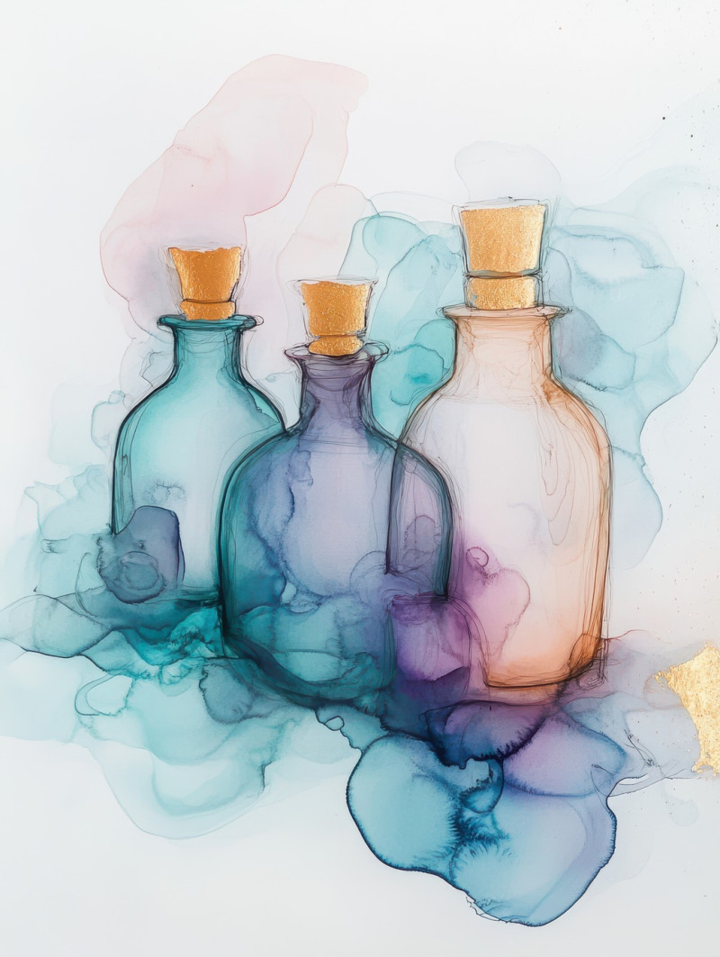 Mystic potion bottles blending into soft ink gradients, their shapes shifting in dreamy hues, a magical and enchanting scene in alcohol ink, alcohol ink painting, alcohol ink markers