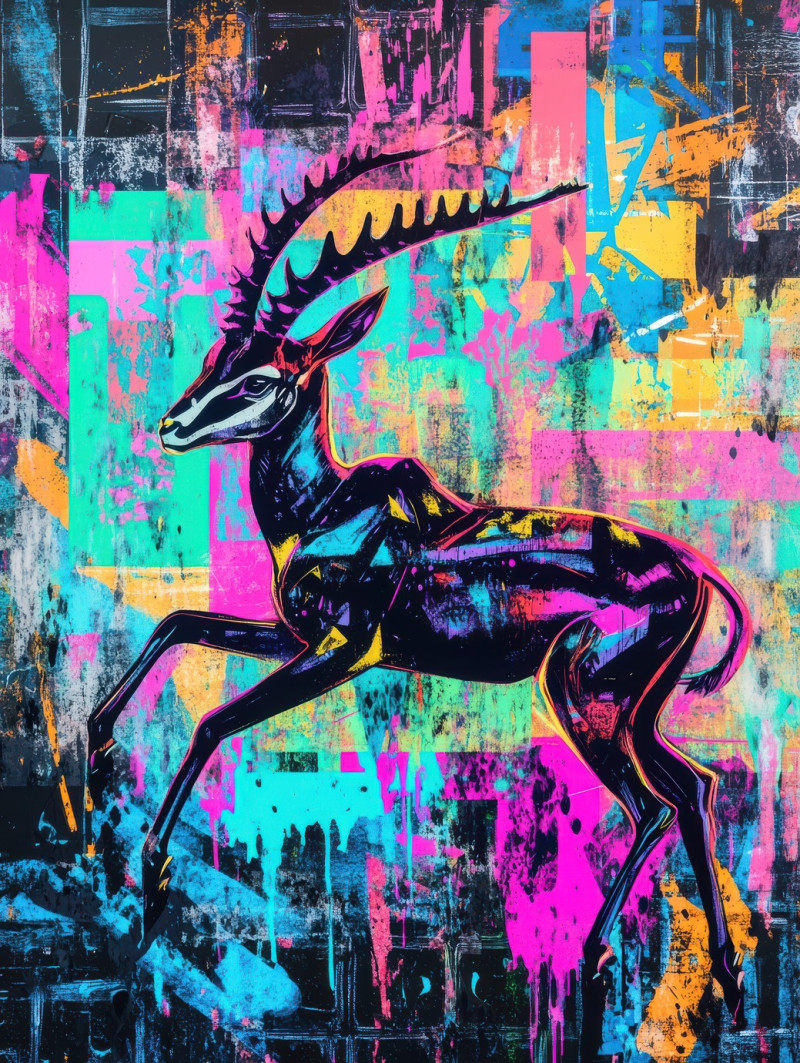 Wild gazelle leaping from neon calligraphy in bold, dynamic strokes, 3d graffiti art blends wildlife and typography in vivid, high energy motion, 3d digital graffiti concept