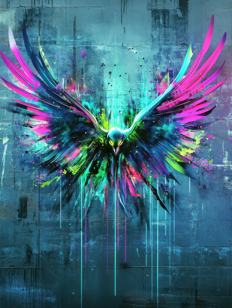 Falcon with wings exploding in bold, fluid strokes, capturing speed and power, 3d graffiti art with energetic lines and motion, 3d digital graffiti with urban style