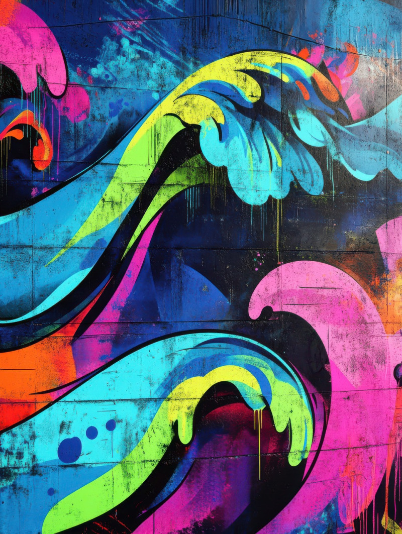 Waves crashing in vibrant, swirling graffiti strokes, capturing ocean energy, 3d graffiti art blends movement and bold colors, 3d digital graffiti in street style expression