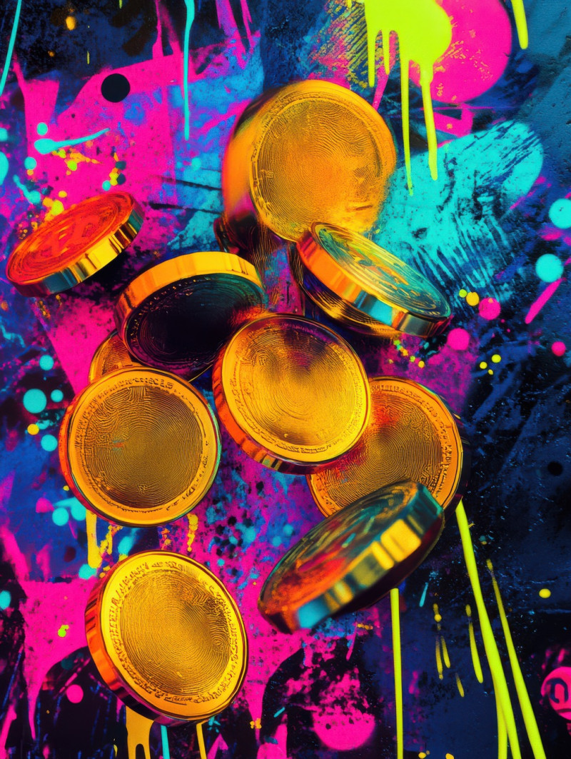 Gold coins bursting from stylized tags in bold, layered spray paint textures, 3d graffiti art mixes wealth symbolism with urban lettering, 3d digital graffiti concept