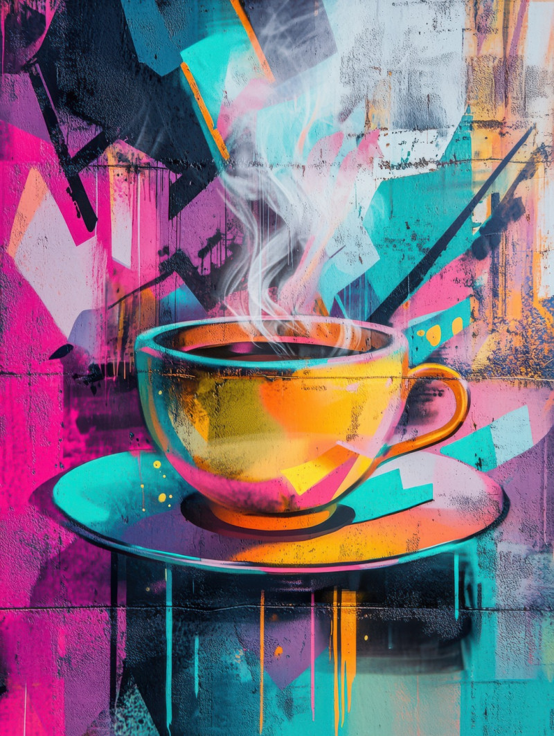 Spiced tea steaming in bold street art lines, blending warmth with expressive strokes, 3d graffiti art with vibrant, fluid textures, 3d digital graffiti with cultural themes