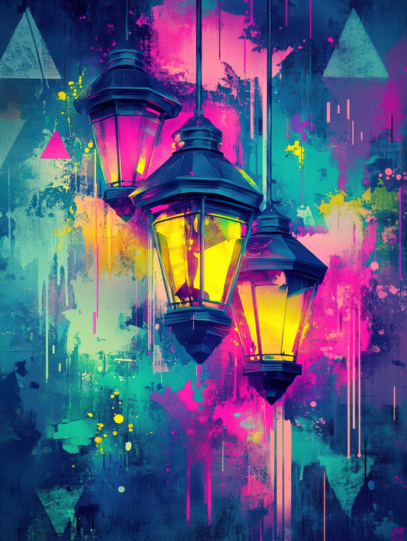 Lanterns glowing in layered spray paint splashes, illuminating the scene with vivid light, 3d graffiti art captures warmth and tradition, 3d digital graffiti with neon effects