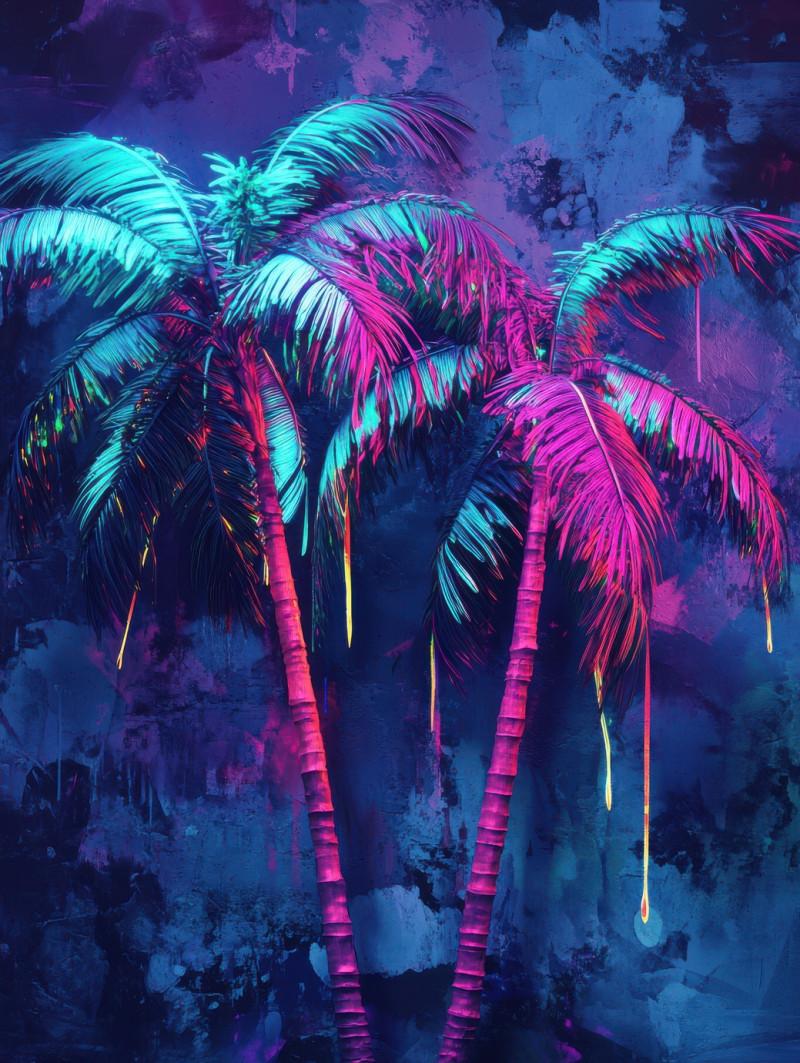 Palm trees bending in vivid neon streaks, capturing tropical energy in bold motion, 3d graffiti art blends nature with urban vibrancy, 3d digital graffiti in colorful street style