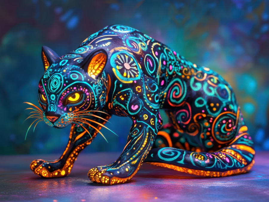 Jaguar with glowing spiral patterns on its fur, mystical alebrije creature, vibrant neon swirls, fantasy feline, magical aura, inspired by mexican folk art, alebrije, alebrije etsy