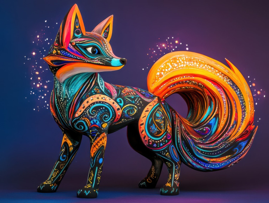 Fox with swirling flame-like fur, glowing ember patterns, fiery mystical alebrije, fantasy creature, magical energy radiating from body, inspired by mexican folk art, alebrije, alebrije etsy