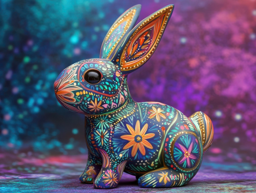 Rabbit with cosmic star markings, glowing galaxy patterns on fur, mystical alebrije animal, celestial fantasy creature, inspired by mexican folk art, alebrije, alebrije etsy