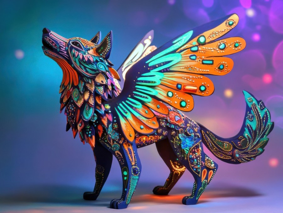 Wolf howling with neon wings, glowing mythical alebrije, vibrant fantasy creature, luminescent fur, celestial energy, inspired by mexican folk art, alebrije, alebrije etsy