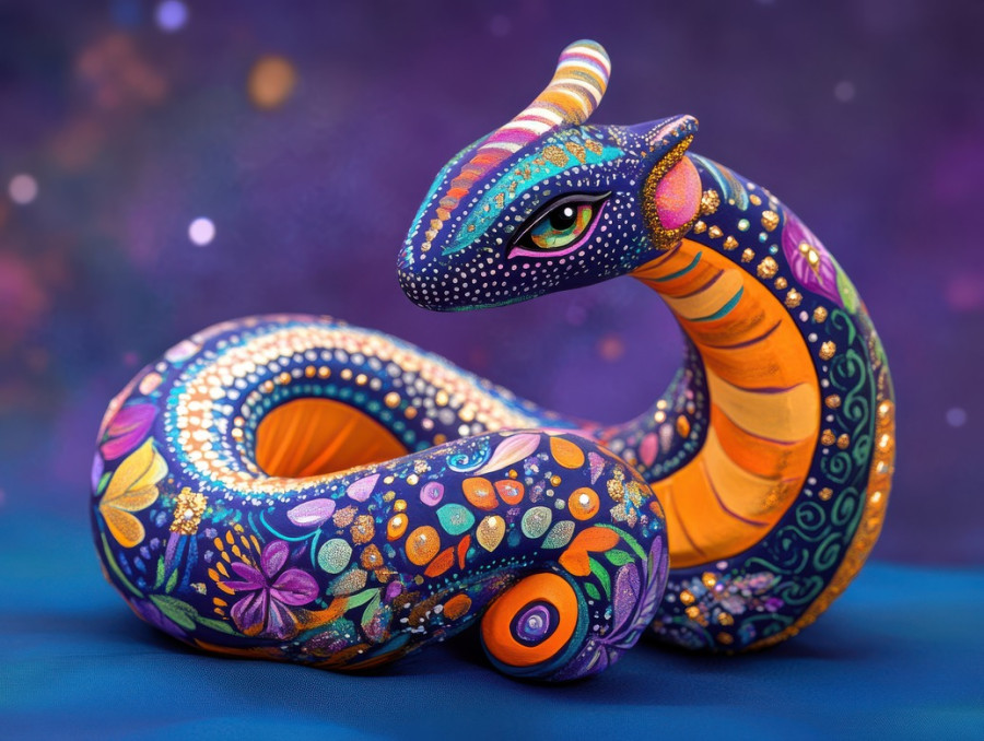 Serpent with vibrant rainbow scales, glowing mystical alebrije, mythical creature with dazzling colors, inspired by mexican folk art, magical folklore essence, alebrije, alebrije etsy