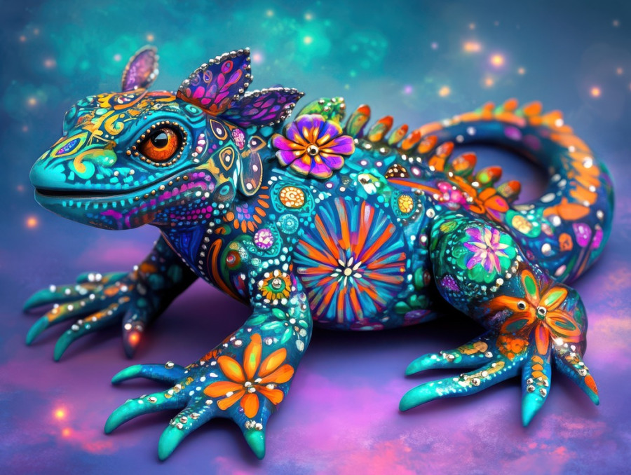 Lizard with floral mandala skin, intricate glowing patterns, magical alebrije reptile, vibrant decorative fantasy creature, inspired by mexican folk art, alebrije, alebrije etsy