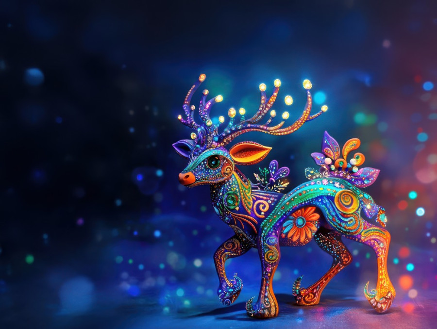 Deer with luminous crystal antlers, glowing ethereal alebrije, majestic fantasy creature, radiant energy, mythical forest spirit, inspired by mexican folk art, alebrije, alebrije etsy