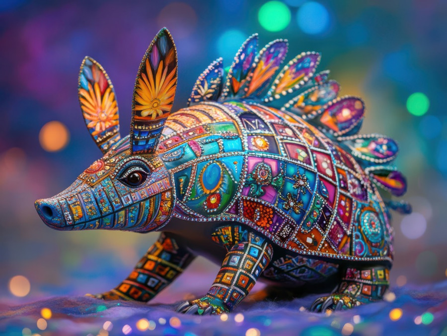 Armadillo with intricate mosaic shell, vibrant glowing patterns, mystical alebrije animal, colorful fantasy creature, inspired by mexican folk art, alebrije, alebrije etsy