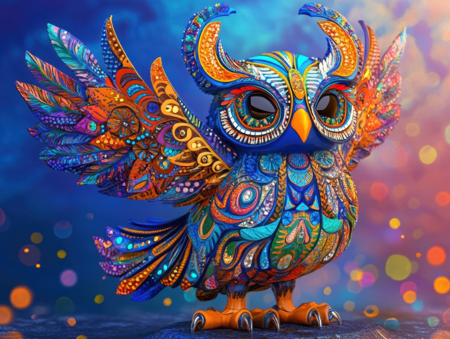 Owl with hypnotic feather patterns, glowing mystical alebrije, celestial bird with entrancing designs, inspired by mexican folk art, fantasy creature, alebrije, alebrije etsy