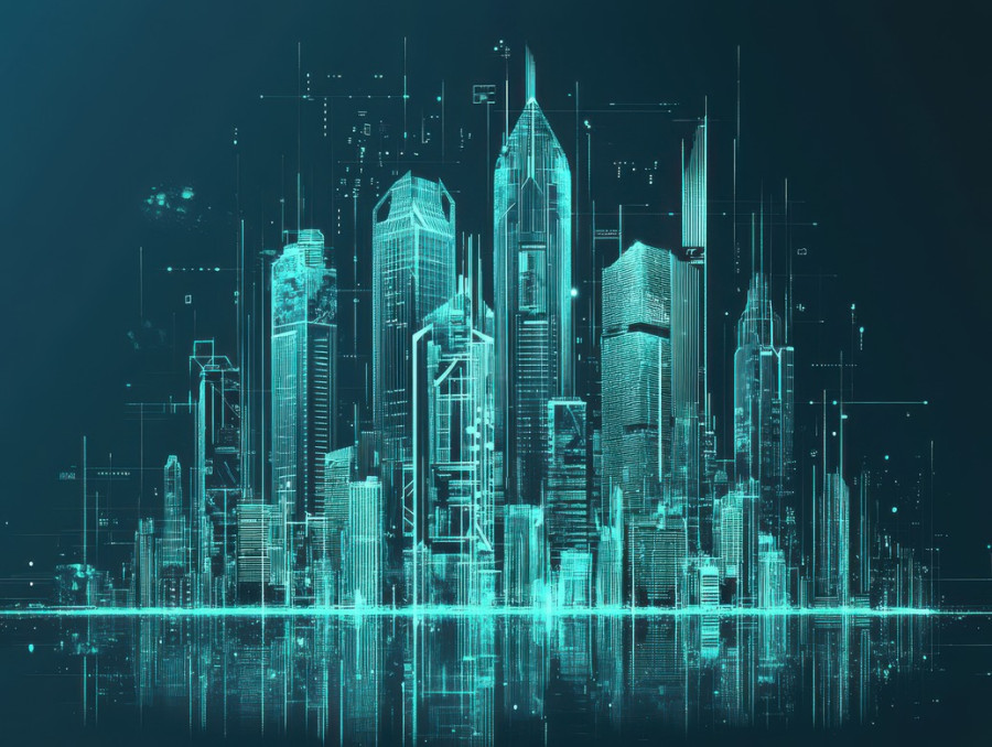 Futuristic city skyline with high tech buildings and infrastructure, detailed in a blueprint, urban planning and smart city design, blueprint test prep, aicpa blueprint