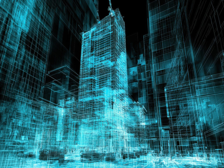 Skyscraper construction site with cranes, steel framework, and architectural layout in a blueprint, modern high rise development, blueprint test prep, aicpa blueprint