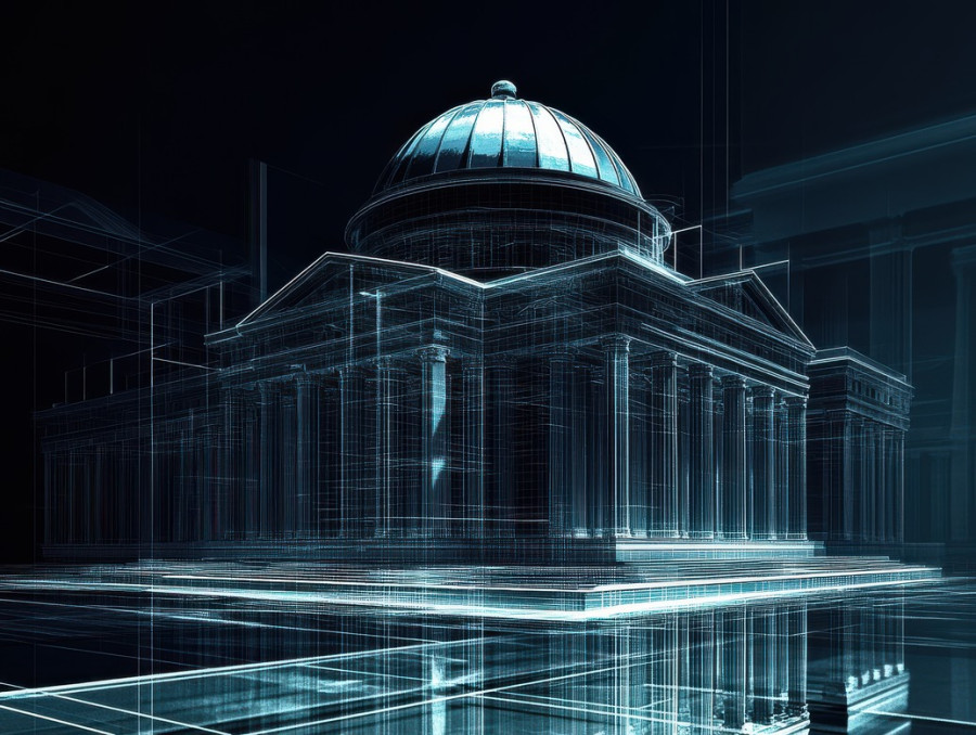 Classic domed courthouse with pillars and intricate architecture shown in a blueprint, justice system and government building design, blueprint test prep, aicpa blueprint