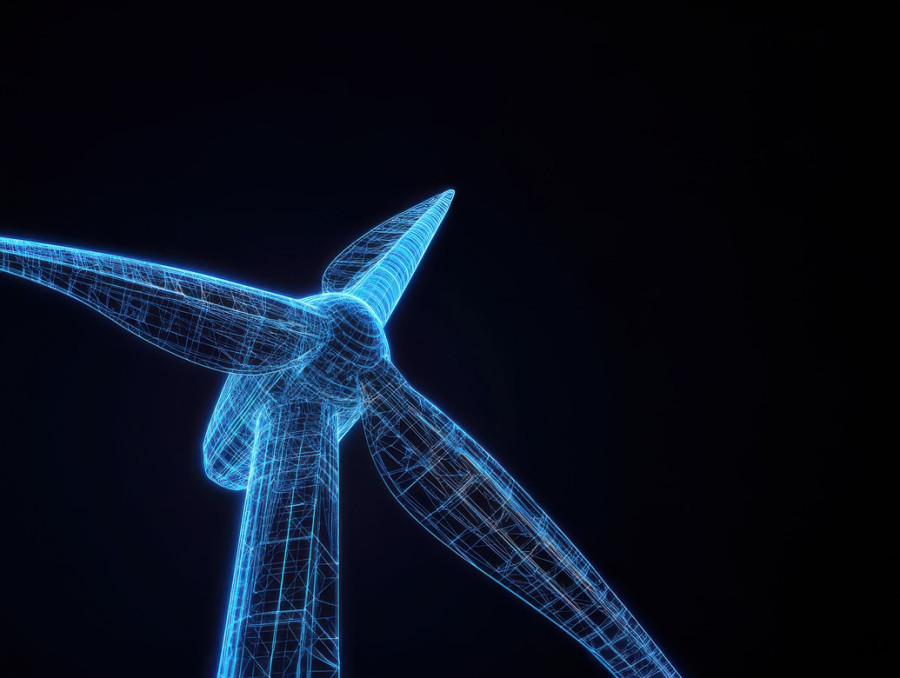 Wind turbine system with rotating blades and energy production details in a blueprint, renewable power and green energy planning, blueprint test prep, aicpa blueprint