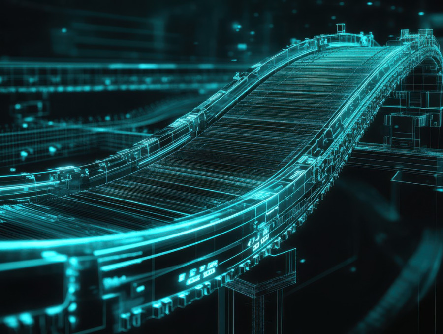Conveyor belt design with rollers and automated movement layout in a blueprint, industrial automation and production system, blueprint test prep, aicpa blueprint