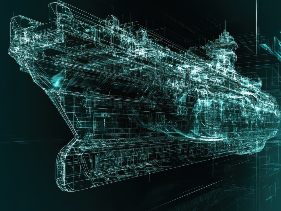 Cargo ship framework with hull and container storage details in a blueprint, maritime transport and shipping logistics, blueprint test prep, aicpa blueprint