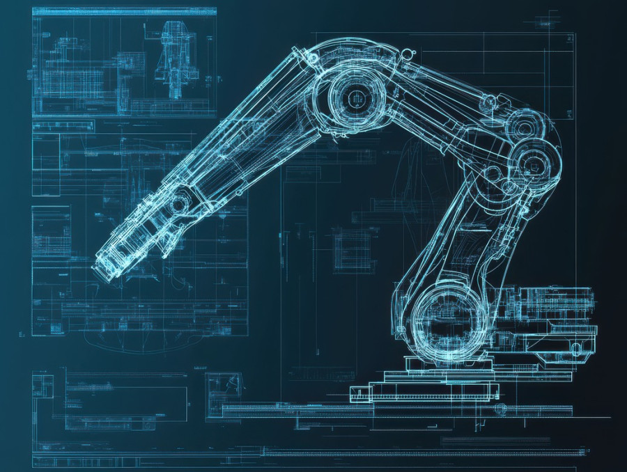 Robotic arm blueprint showing mechanical joints and automation system, advanced robotics and industrial machinery design, blueprint test prep, aicpa blueprint
