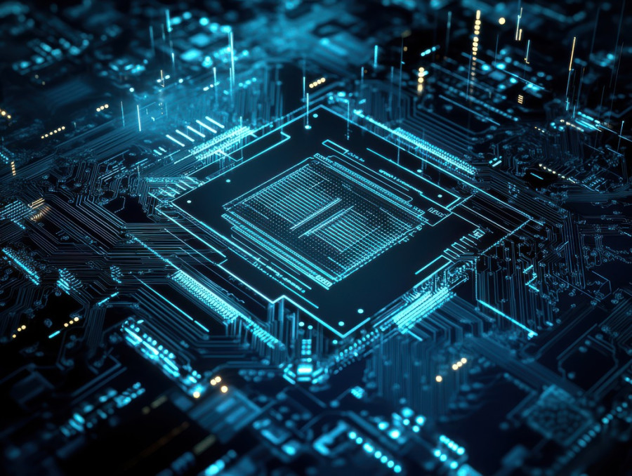 Quantum computer chip layout with circuits and processor details in a blueprint, advanced computing and future technology, blueprint test prep, aicpa blueprint