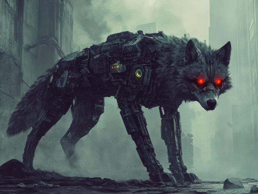 Cybernetic undead wolf with glowing red eyes stands menacingly in the dark, its metallic frame fused with decay, a terrifying fusion of machine and flesh in a necropunk dystopia
