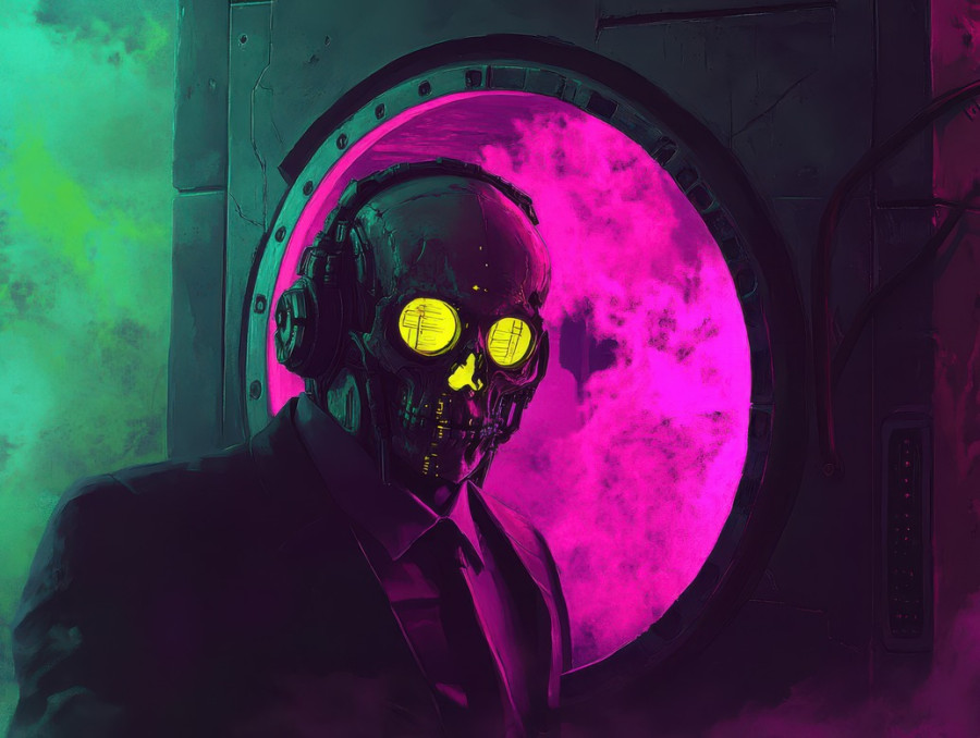 Banker in a skull mask stands in a neon lit vault, surrounded by wealth and corruption, a sinister figure in the heart of a dystopian financial system, radiating necropunk energy